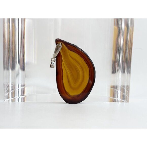 Brown Polished Agate Crystal Freeform Shaped Large Silver Toned Vintage Pendant - Picture 9 of 10